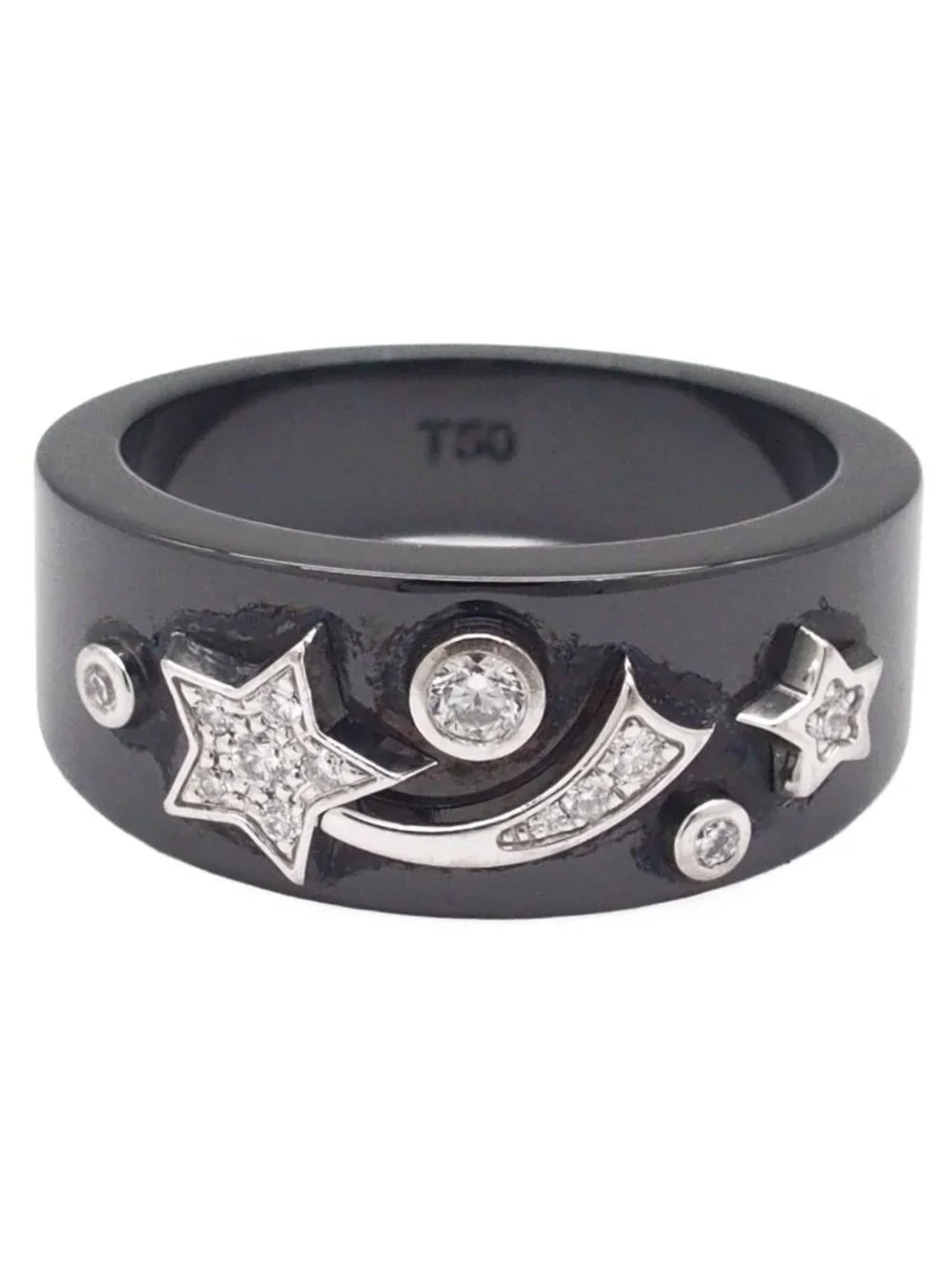 Chanel Cosmic Comet Ring Black White Gold Ceramic 18K Star Pave Diamond